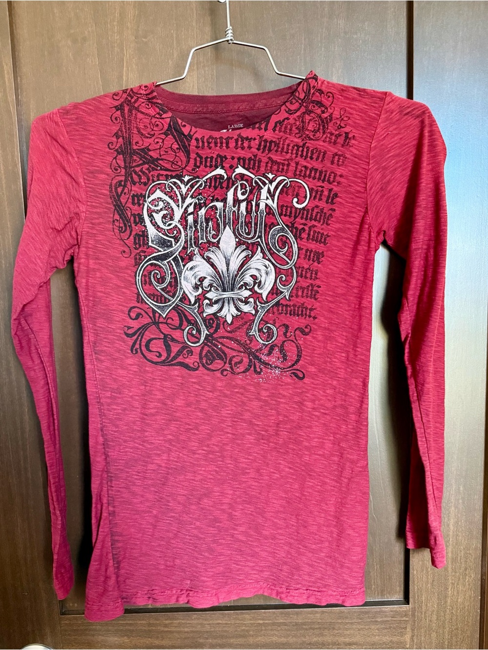 Sinful Red Long Sleeve Graphic Tee with Fleur-de-Lis